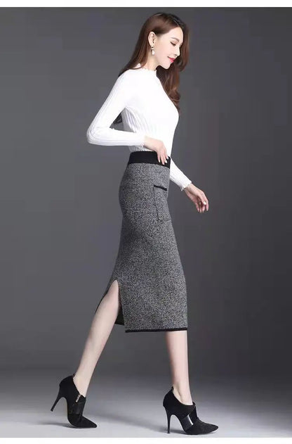 New Style Gold Mink Cashmere Elastic High Waist Office Lady Knee-length Skirts Solid Split Fork Hip Wrap Skirt High Elasticity