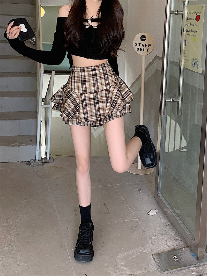 Tiered Mini Skirt Y2K High Waist Tartan Ruffled Plaid Skirt Skort Women Aesthetic Outfit