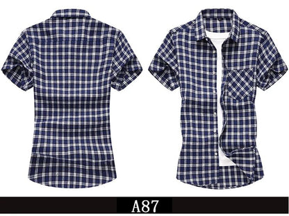 2025 new red summer men's shirts short-sleeved plaid fat big yards youth casual shirt.