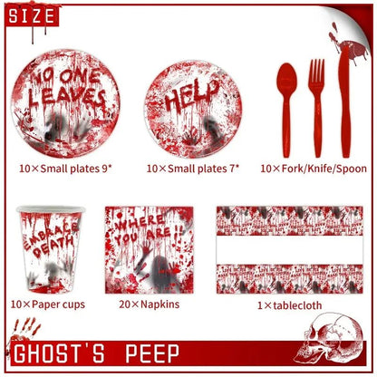 Conjunto de Louça de Festa de Halloween Pratos Festivos Guardanapos Toalha de Mesa Louça Descartável para 10/12 Convidados Decoração de Halloween