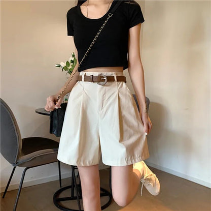 Workwear Shorts for Women High Waist Summer Wide-leg Shorts Belt Khaki Casual Cotton Korean Fashion Solid Pocket Womens Shorts