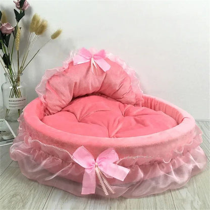Cama para Pets em Renda Laço 3D Fantasia, Romântica, Destacável, Oval, para Cães, Sofá Macio, Ninho para Pets, Mobiliário de Casamento para Pets, 1 peça