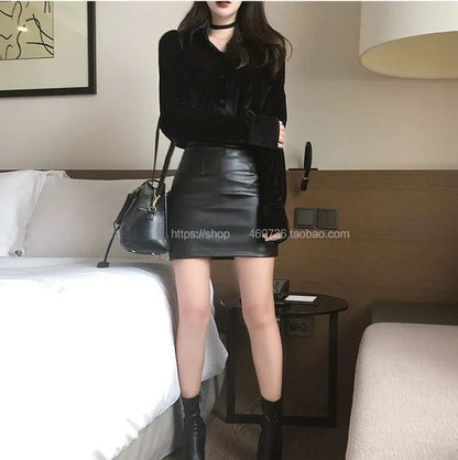 Mini Dress Short Black Pu Leather Skirt Sexy Professional Tightening Women's Underwear 2024 New Style Ultra-short Female Suit
