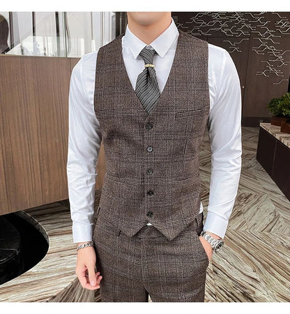 Dark Blue Men's Suit Three Piece, Business Casual Jacket and Vest with Trousers, Gray Dark Brown Slim Fit Sets, Asian Size