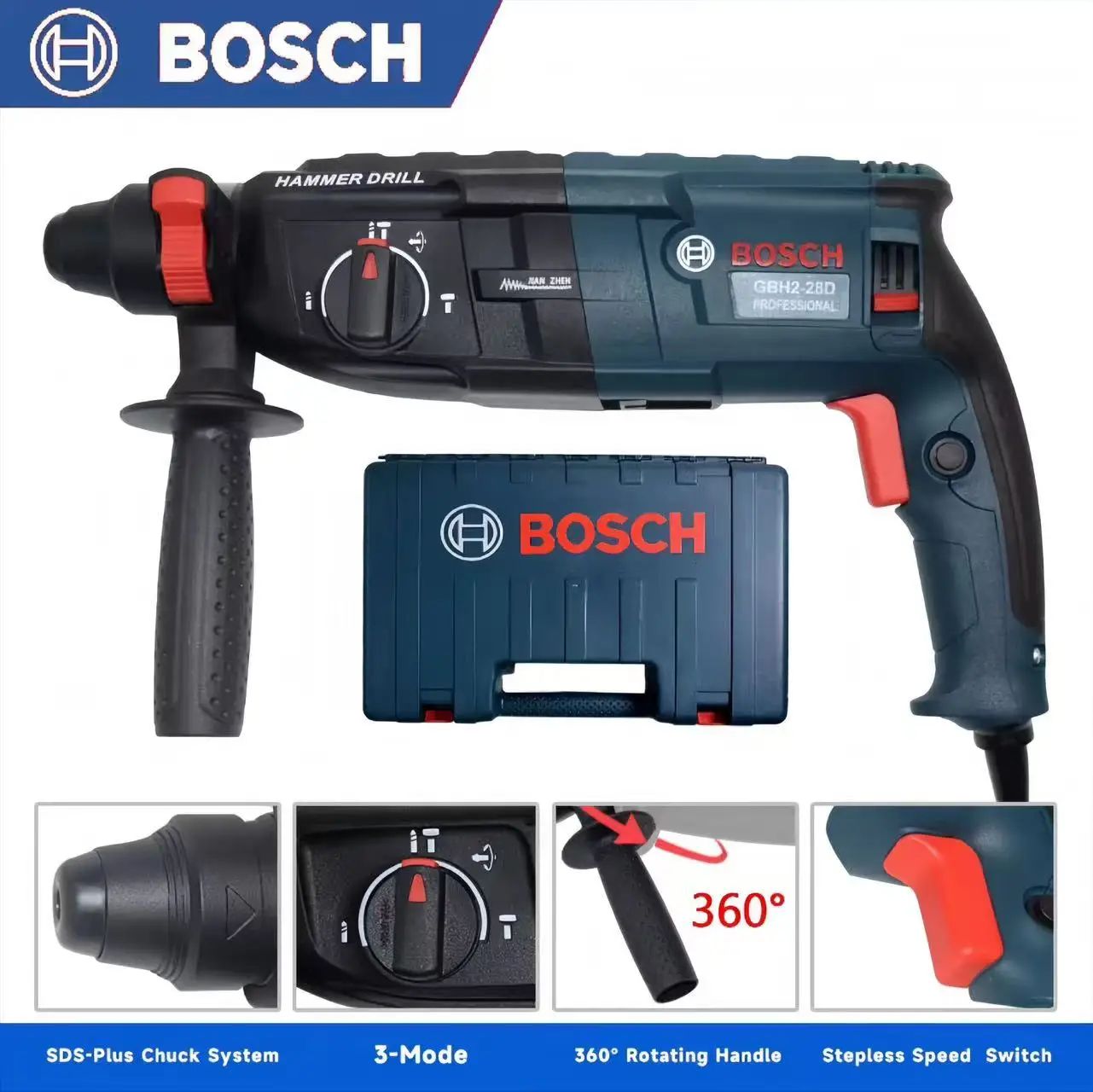 Furadeira de impacto e martelo elétrico Bosch, furadeira elétrica, picareta elétrica de duplo uso GBH-28, ferramenta elétrica multifuncional para concreto
