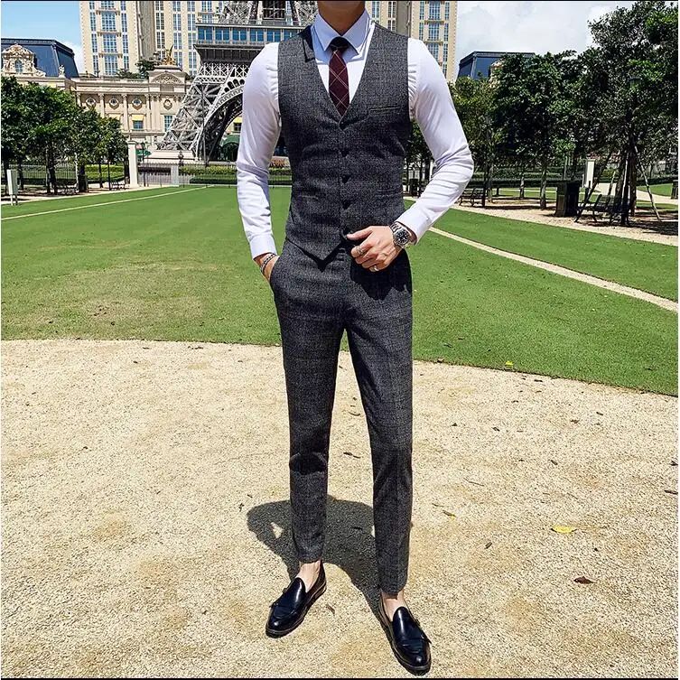 Dark Blue Men's Suit Three Piece, Business Casual Jacket and Vest with Trousers, Gray Dark Brown Slim Fit Sets, Asian Size