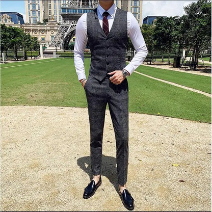Dark Blue Men's Suit Three Piece, Business Casual Jacket and Vest with Trousers, Gray Dark Brown Slim Fit Sets, Asian Size