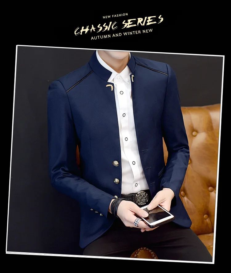 2024 Spring New Men's Stand Collar Casual Suit Jackets Youth Fashion Solid Color Stitching Three Button Mens Blazer Coats