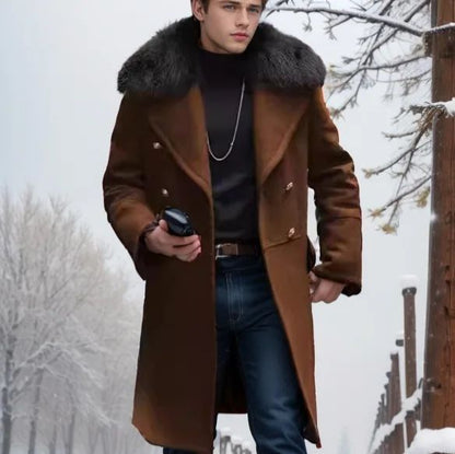 European and American Men's Casual Woolen Coat for Autumn and Winter, Young Men's Double-breasted Fur Collar Overcoat S-5XL