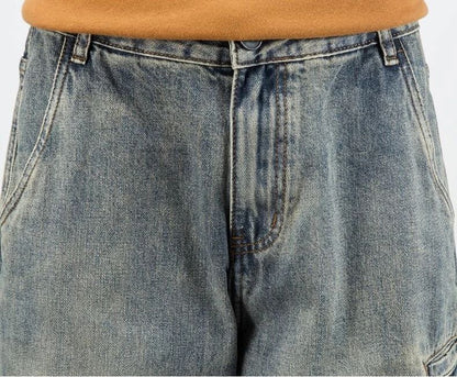 Calça Jeans Masculina Retrô Cargo Reta Cowboy Punk Lavada Grife Luxuosa Tendência 2025 Y2k Vintage Estilo Coreano Larga