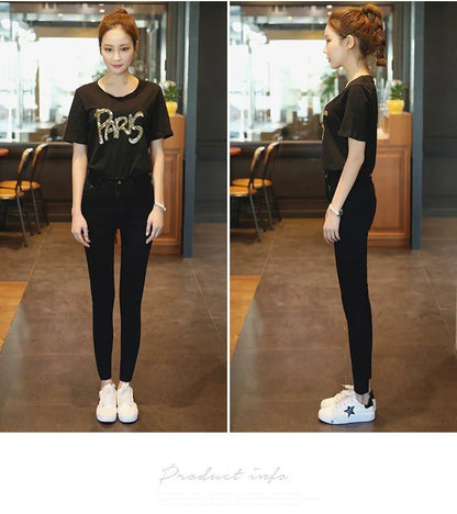 Plus Size High Waist Black Jeans Women's Spring Autumn Fashion Slim Fit Nine Point Cotton Denim Pants with Button Decoration