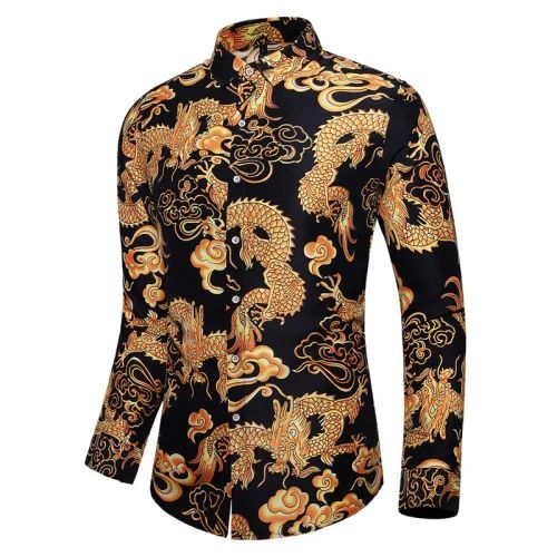 Thin Black Men's Long-sleeved Printed Shirt, Chinese Dragon Print Decoration, Blue Single-breasted Lapel Shirts,Asian Size M-7XL
