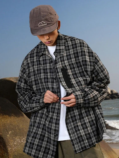 Autumn Y2K Vintage Plaid Shirts For Men Long Sleeve Button Up Blouse Korean Fashion Zip Pocket Cargo Shirt Streetwear Clothes