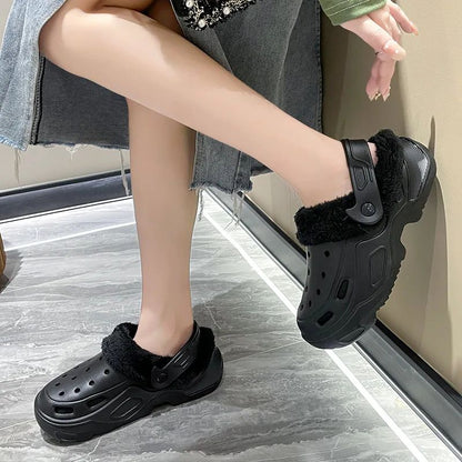 Plush slippers 2025 new winter men's and women's thick high heels soft-soled beach garden shoes home plush ripped slippers