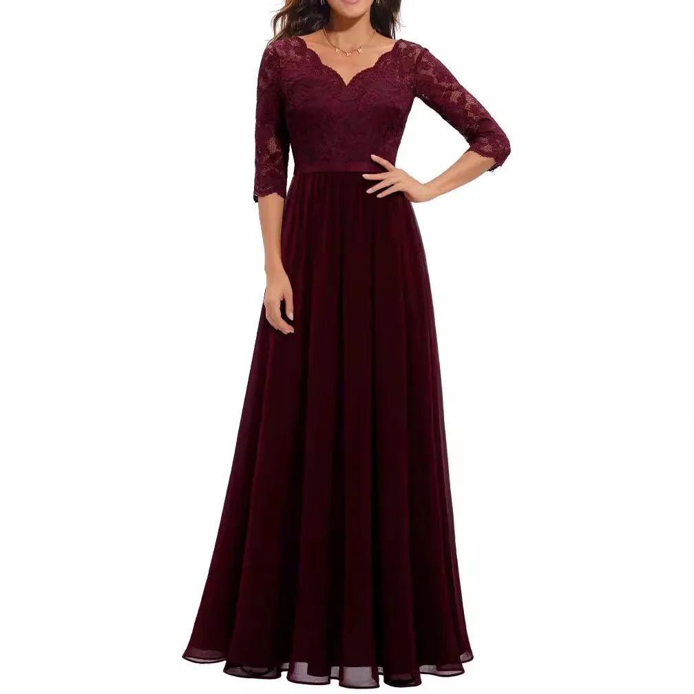 New 6-Color 5-Size Lace Splicing Long Waist-Cinching Elegant Dress Floor-Length V-Neck Polyester Fiber Evening Gown Dress