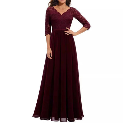 New 6-Color 5-Size Lace Splicing Long Waist-Cinching Elegant Dress Floor-Length V-Neck Polyester Fiber Evening Gown Dress