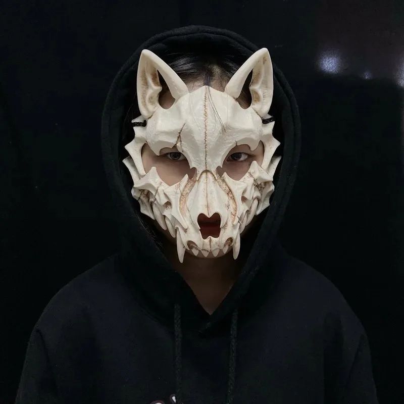 Party Skull Mask Long Teeth Demon Skeleton Half Face Mask Wolf Dragon Tiger Houjuu Nue Mask Cosplay Halloween Costume Props