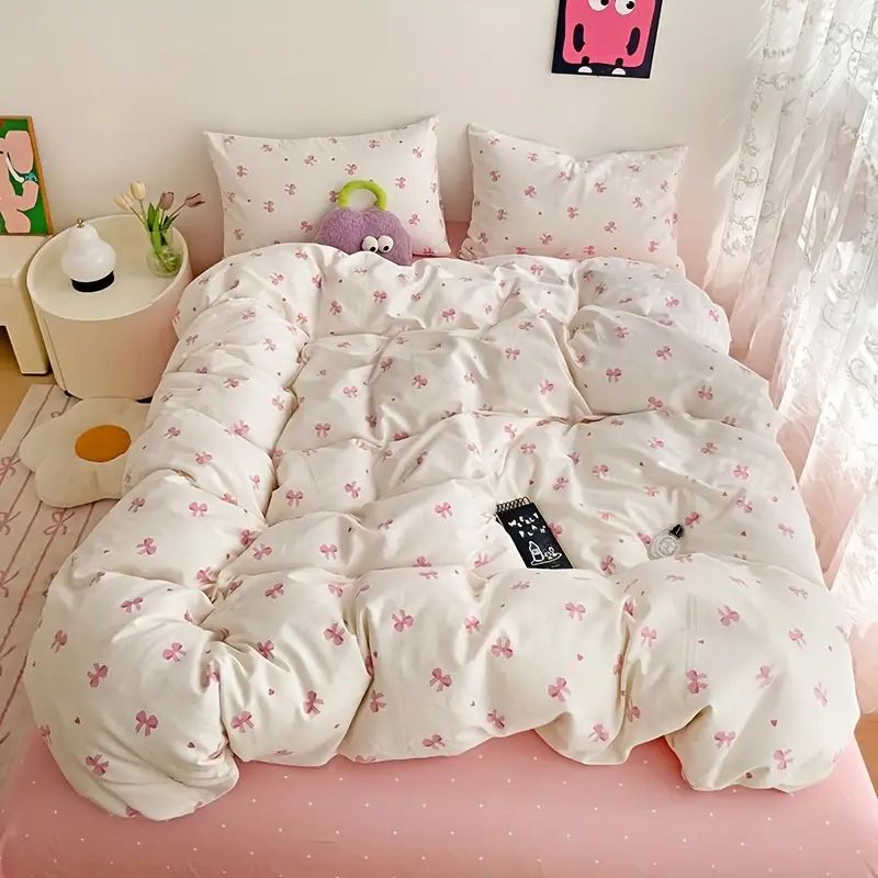 3pcs Pink Bow Duvet Cover Set with 2 Pillowcases, Cozy and Breathable Quilt Cover Suitable for All Seasons