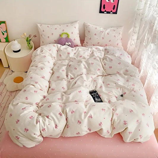 3pcs Pink Bow Duvet Cover Set with 2 Pillowcases, Cozy and Breathable Quilt Cover Suitable for All Seasons