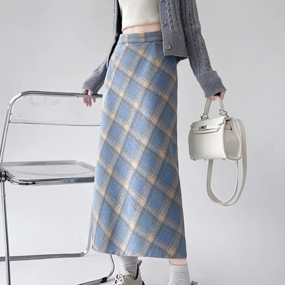 2025 Autumn Vintage Woolen Plaid Skirts Lady Elegant High Waist Slimming A-Line Skirt Women Korean Streetwear Slit Long Skirt