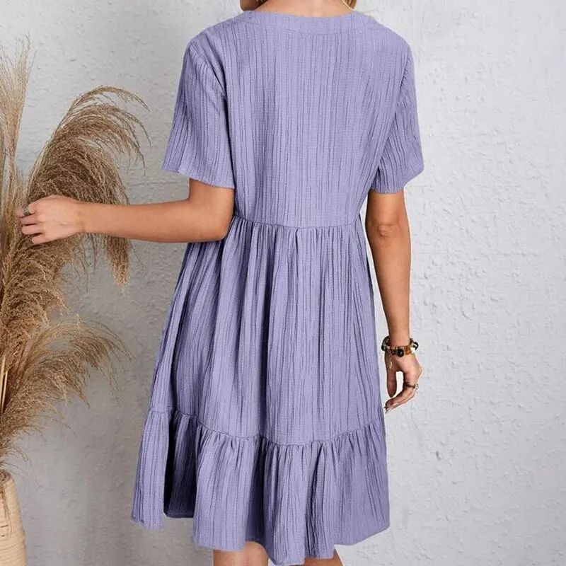 Women Summer Peplum Dresses Spring V-Neck Short Sleeve Loose Waist Ruffle Fit Fl