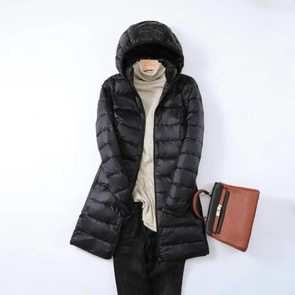 Hoody Long White Duck Down Coat Autumn Winter Portable Hooded Puffer Down Jacket Women Casual Double Zipper Windproof Thin Light