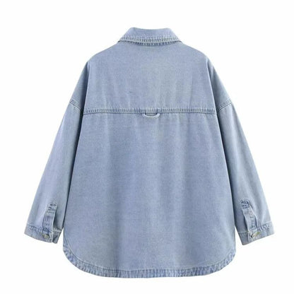 Summer New Style Simple Retro Loose Casual Denim Shirt Jacket Women's Button up Shirt Full Sleeve Regular Fit Blend Fabric
