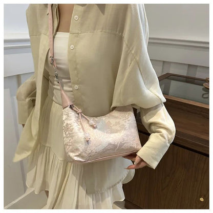 Sweet Embroidery Shoulder Bag Nylon Texture Pearl Pendant Crossbody Bag Small Bucket Handbag Women Canvas Luxury Cheongsam Bag