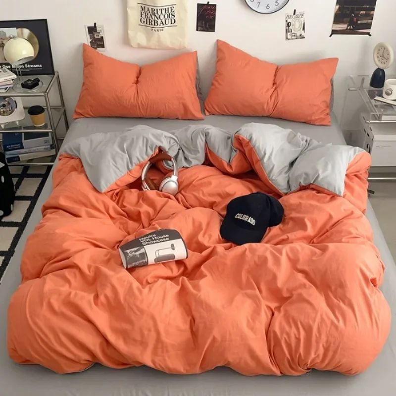 2025 new class A can sleep naked washed cotton solid color sheets student dormitory simple double-spell four-piece bedding