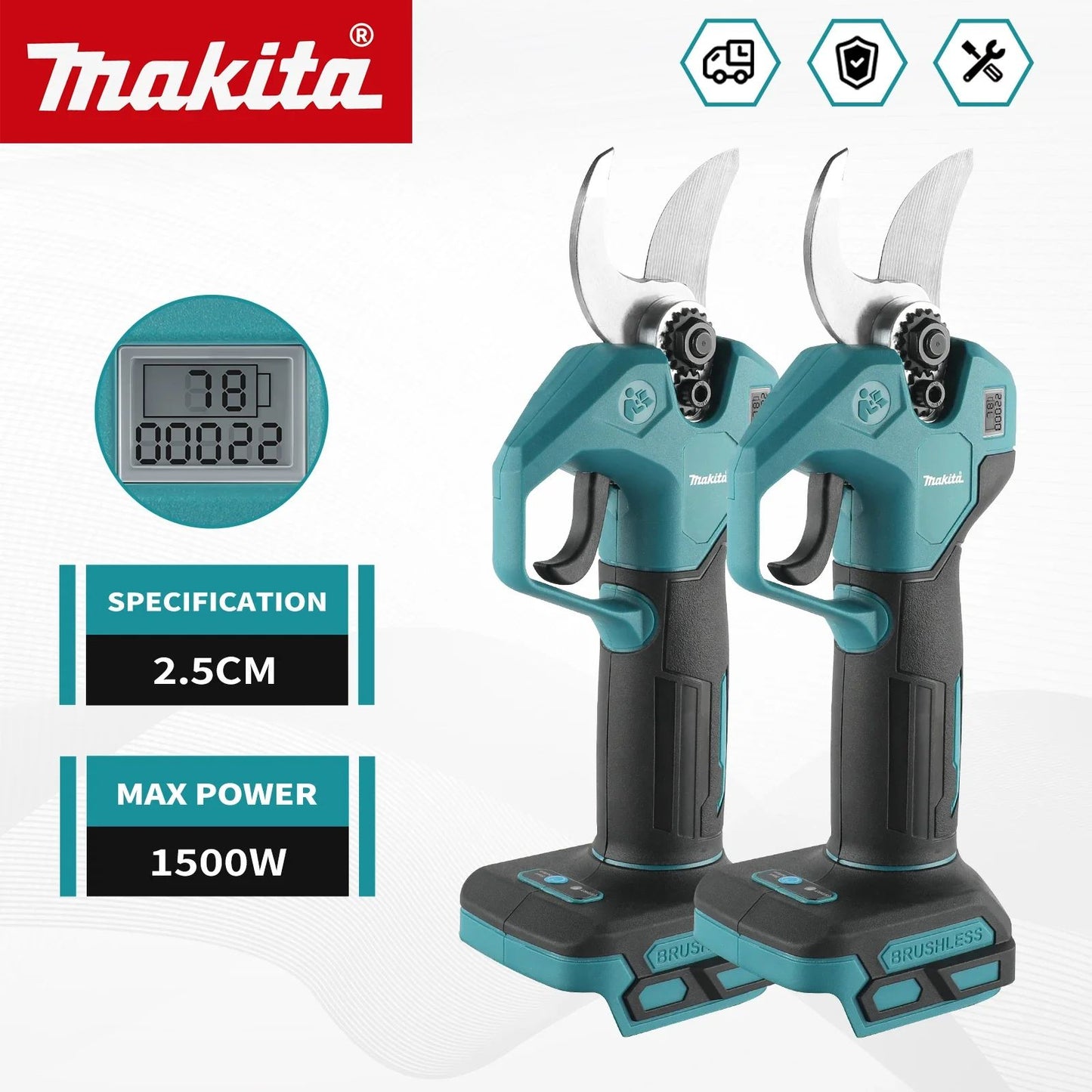 Tesoura Elétrica a Bateria Makita 18V para Poda de Galhos e Folhas em Árvores Frutíferas de Jardim, Podador de Galhos Recarregável