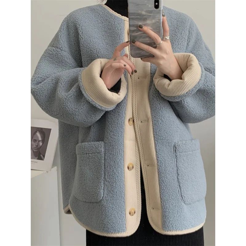 2024 Winter New Women's Lamb Wool Jacket Petite Loose-Fit Thickened Integrated Deer Skin Fleece Medium-Length Korean Style