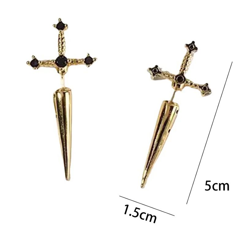 Brincos de pino de espada cruzada de Hip Hop para mulheres Clássico Pedra de cristal preta Ouro prata Boi Cor preta Personalidade Joias simples