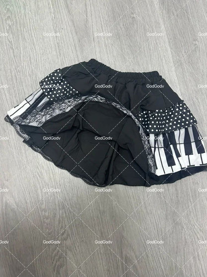 2000s Aesthetic Elegant Women Piano Skirt Stripe Design Y2k Slim Mini Skirt Female Black White Spliced Korea Style Chic Outfits