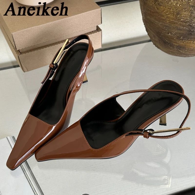 Aneikeh 2025 Verão Nova Banda Feminina Scarpins Sapatos Moda Raso Slip On Sandálias Slingback Salto Fino Alto Vestido Sapatos Sexy