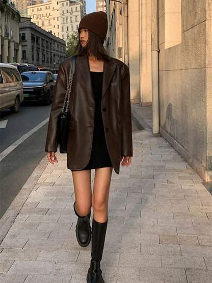 2025Brown /black soft PU leather  women jacket motorcycle long sleeve single breasted casual coat top for autumn high Streetwear
