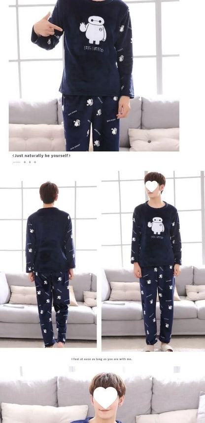 Thickened Flannel Sleepwear Set for Men Winter Home Clothes Coral Fleece Lined Autumn Winter Style Overhead Mens Nightgown