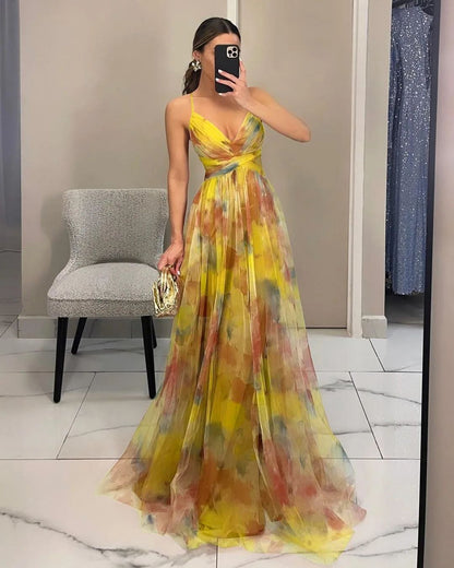 Summer Spring Off-Shoulder Lace Print Halter Dress Casual Party Holiday Dress V-Neck Floor-Length Polyester Fiber Dress