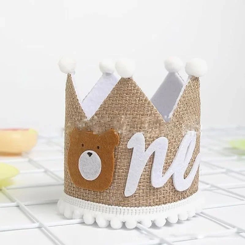 Cartoon Bear One Year Old Crown Baby Jungle Safari 1st Birthday Pink Brown Bear Crown Boy Girl First Birthday Party Decor Hat