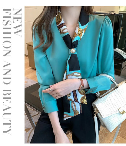 FANAN Elegant Fashion Office Lady Bow Solid Chiffon Shirts Women Clothing New Long Sleeve V-Neck Pullover Top Blouses Female2025