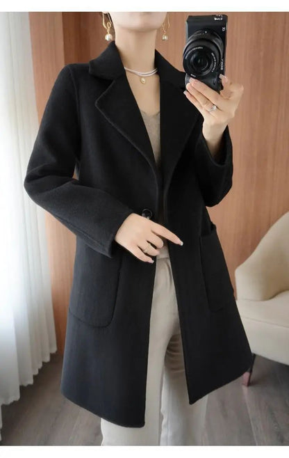 Ladies' Fashionable Woolen Coat Autumn Winter High End Medium Length Leisure Style Woolen Outerwear Pure Color Full Sleeve