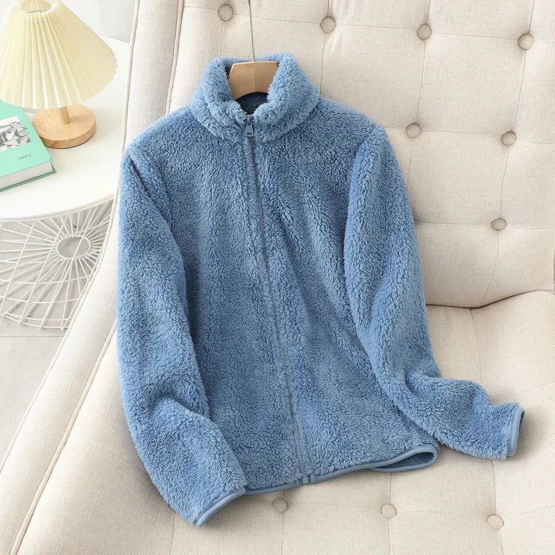 Women's Solid Color Fleece Coat Autumn Winter Warm Zipper Hoodie Loose Stand Collar Jacket Fashion Casual Elegant Ladies Clothes