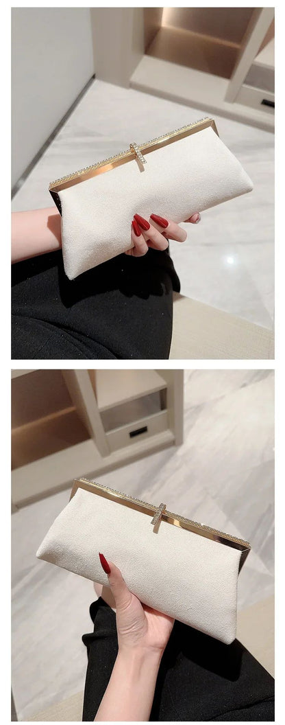 Women Retro Black Velvet Evening Clutch Bag Glitter Rhinestone Buckle Banquet Party Ladies Handbag Purse with Chain