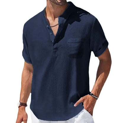 Hot selling Men's Cotton Linen Solid Color Short Sleeve Shirt Casual Summer Henley Collar Shirts Breathable Loose Beach T-Shirts