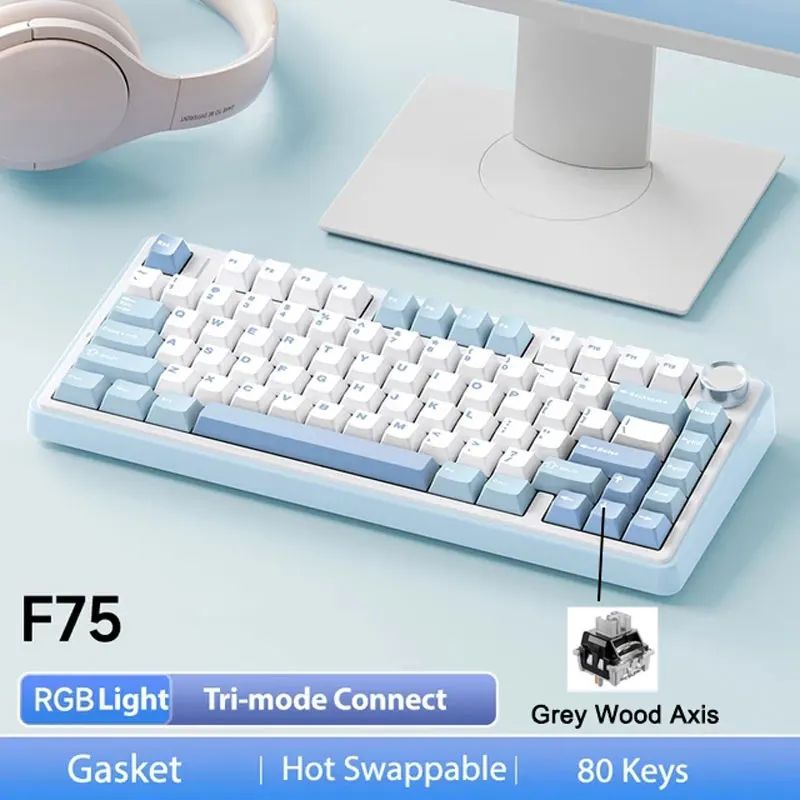 Teclado Mecânico Gamer AULA F75 RGB Layout 75% Gravação Lateral Gasket Mounted Personalizado 80 Teclas Keycaps PBT Teclado Sem Fio
