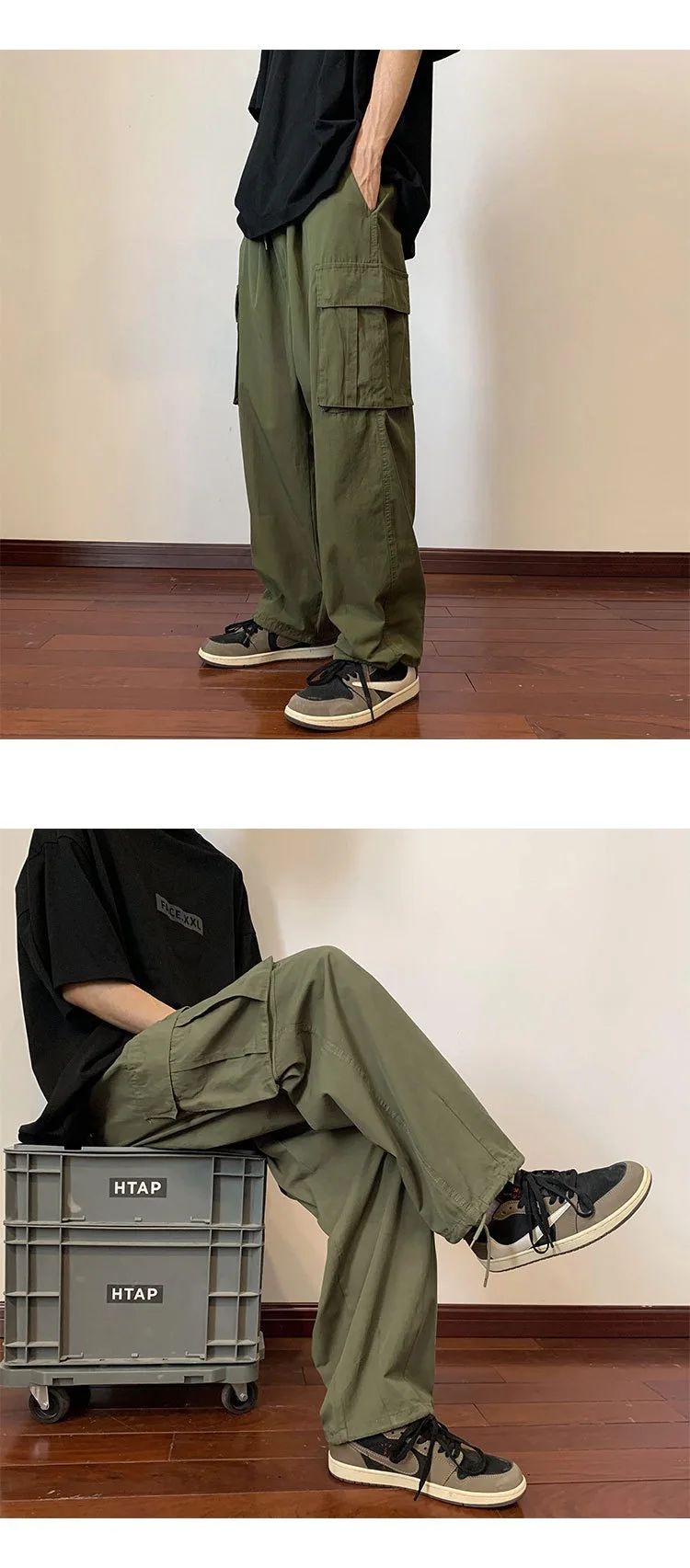 Military Green Amei Kao Men's Cargo Pants Summer Japanese Style Oversize Vintage Heavy Straight-leg Casual Pants