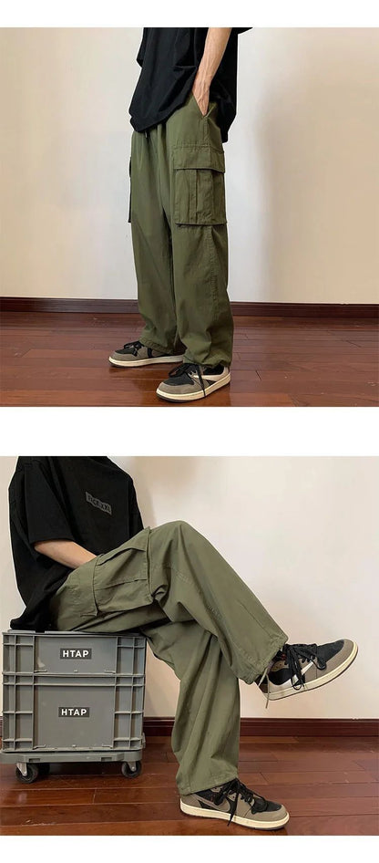 Military Green Amei Kao Men's Cargo Pants Summer Japanese Style Oversize Vintage Heavy Straight-leg Casual Pants