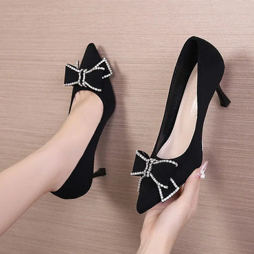 Versatile New Single Shoes Autumn and Winter  Sexy Pointy Rhinestone Black Mature Women's Thin Heels High-heel Zapatos Mujer
