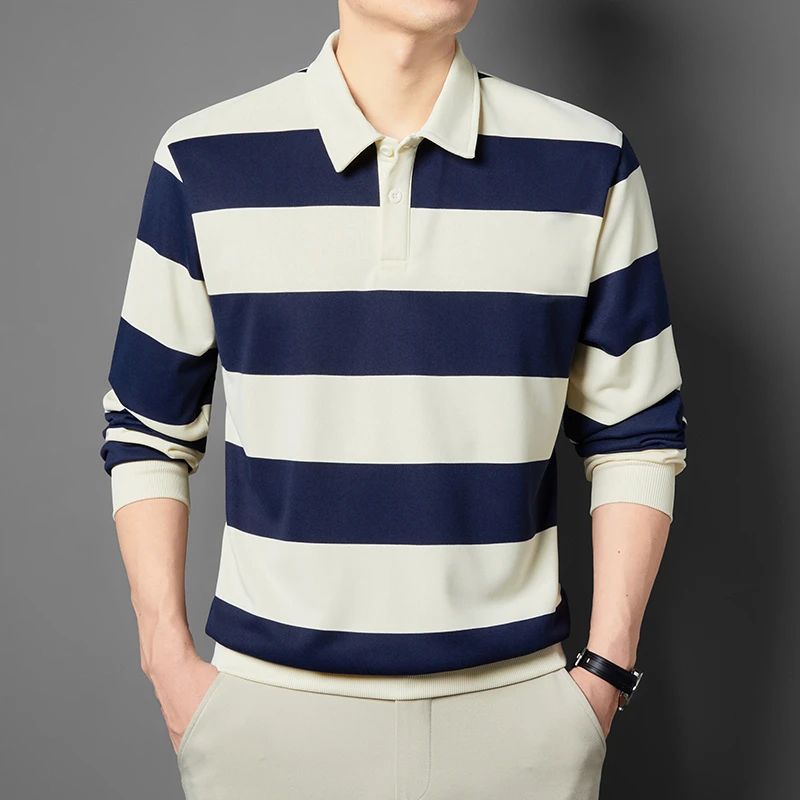 2025 Men's New Striped Long Sleeved Polo Shirt Casual Fashion Autumn Winter Versatile Top
