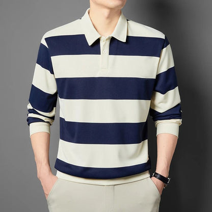 2025 Men's New Striped Long Sleeved Polo Shirt Casual Fashion Autumn Winter Versatile Top
