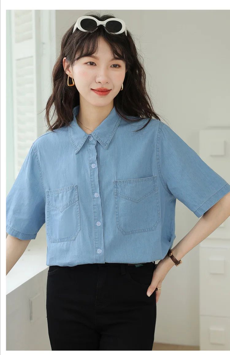 Vintageblueshort Sleeves Thin Denim Shirt 2024 Summer New Casual Loose-Fit Hong Kong Style Petite Top For Women